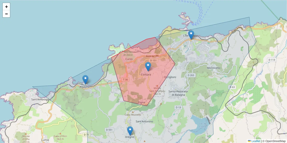 Carte de la zone du code postal  et des codes postaux voisins en France