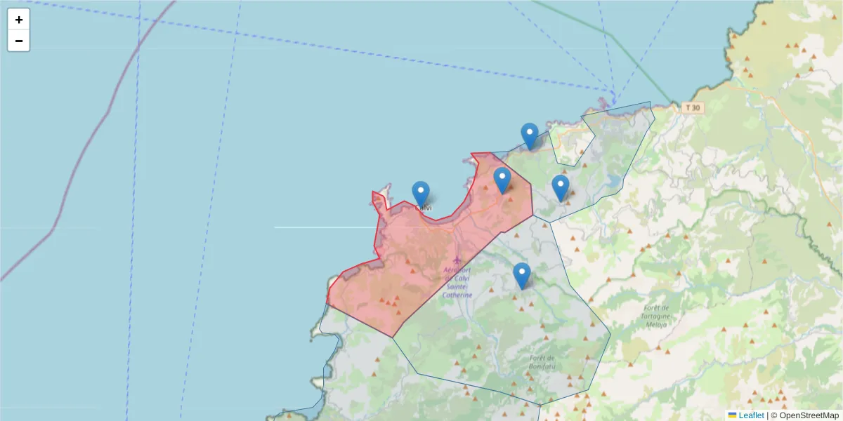 Carte de la zone du code postal  et des codes postaux voisins en France