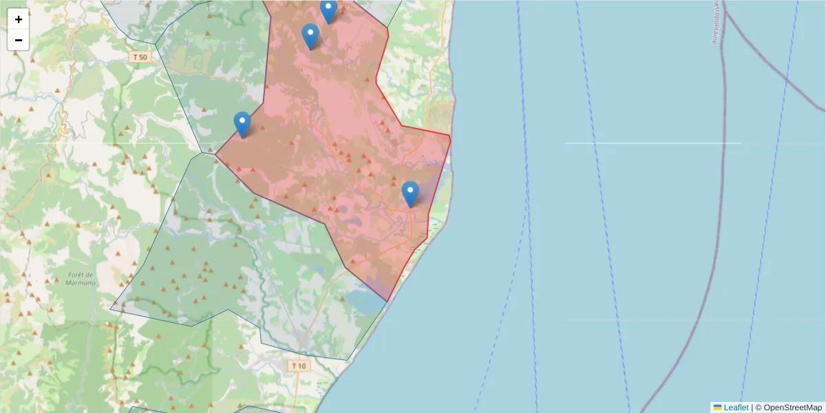 Carte de la zone du code postal  et des codes postaux voisins en France