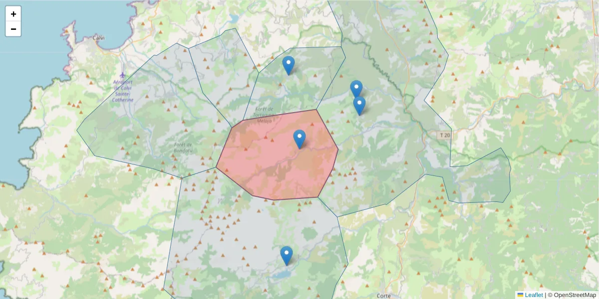 Carte de la zone du code postal  et des codes postaux voisins en France
