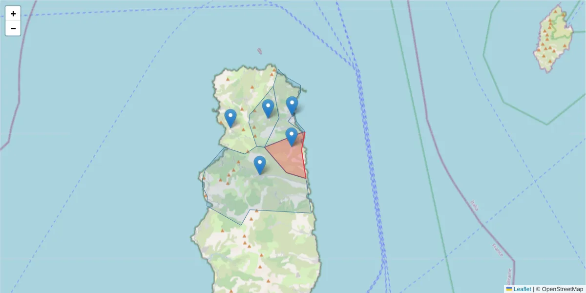 Carte de la zone du code postal  et des codes postaux voisins en France