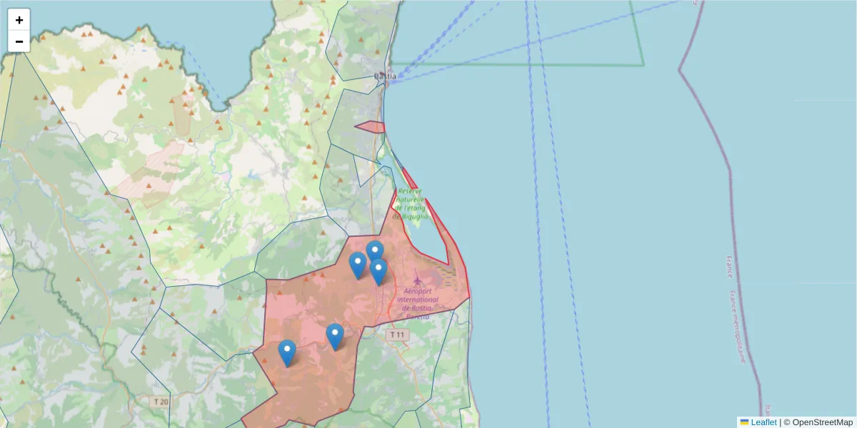Carte de la zone du code postal  et des codes postaux voisins en France