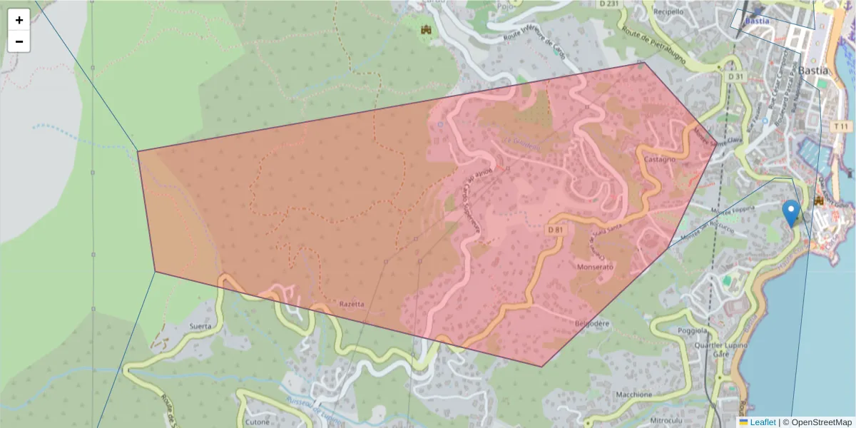 Carte de la zone du code postal  et des codes postaux voisins en France