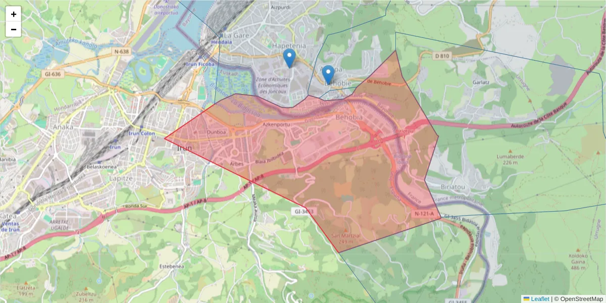 Carte de la zone du code postal  et des codes postaux voisins en France