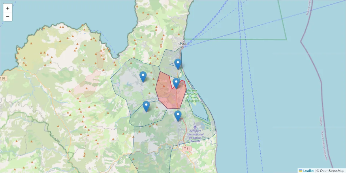 Carte de la zone du code postal  et des codes postaux voisins en France