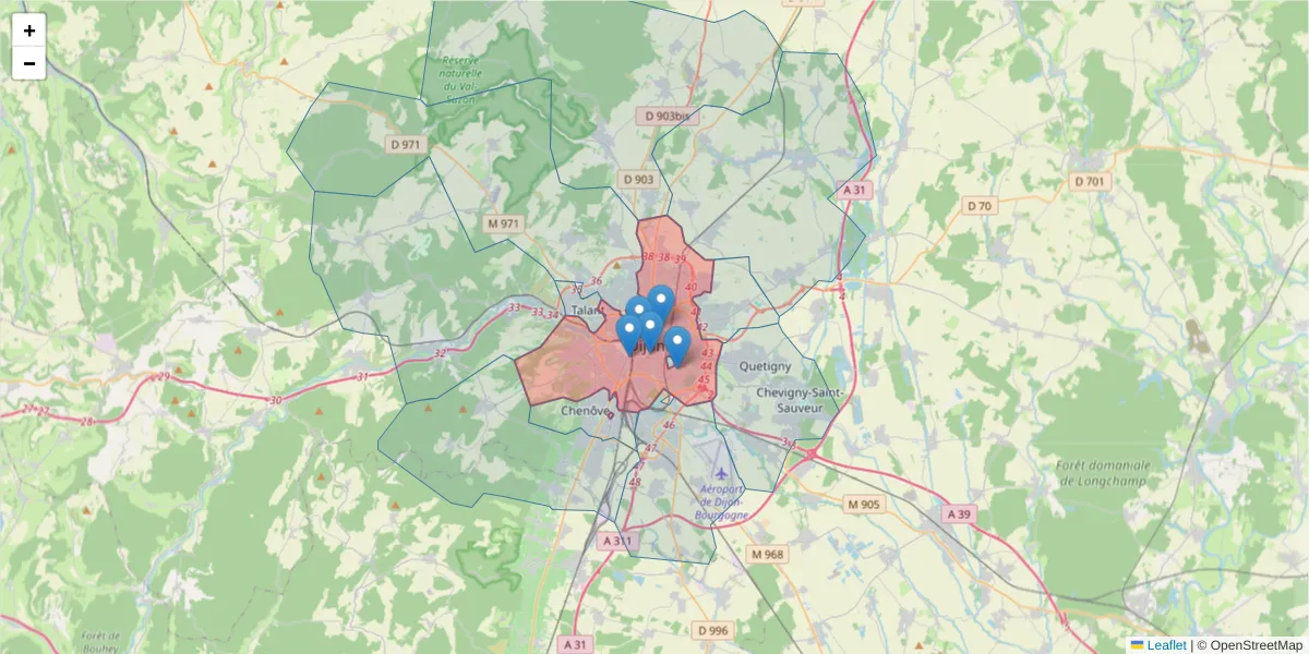 Carte de la zone du code postal  et des codes postaux voisins en France