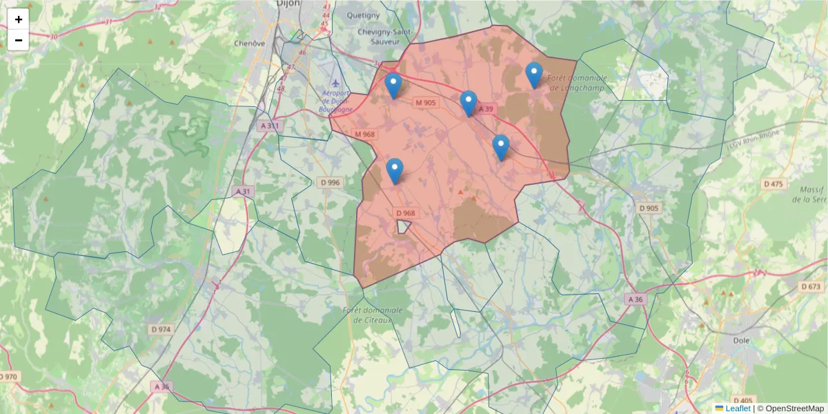 Carte de la zone du code postal  et des codes postaux voisins en France