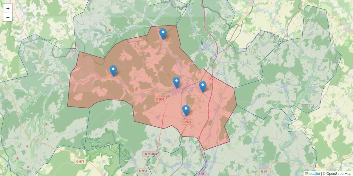 Carte de la zone du code postal  et des codes postaux voisins en France