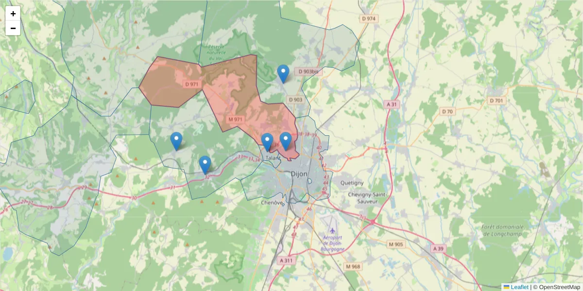 Carte de la zone du code postal  et des codes postaux voisins en France