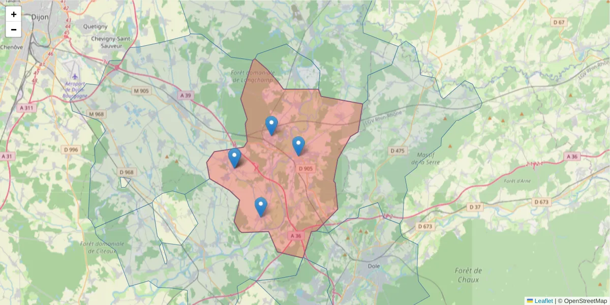 Carte de la zone du code postal  et des codes postaux voisins en France