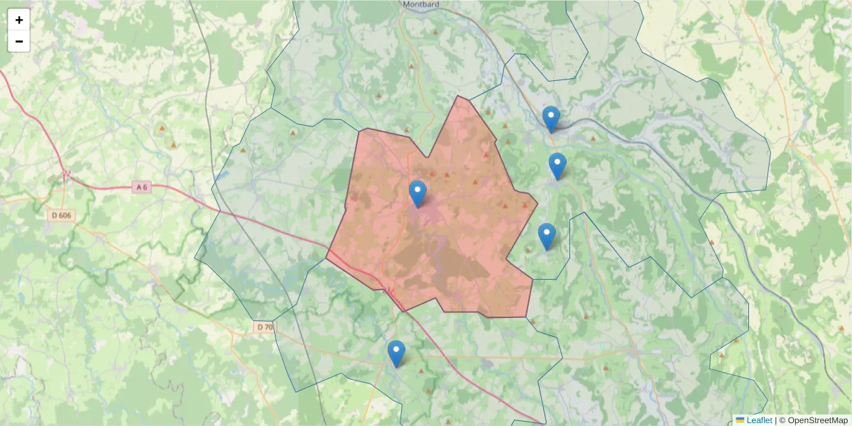 Carte de la zone du code postal  et des codes postaux voisins en France