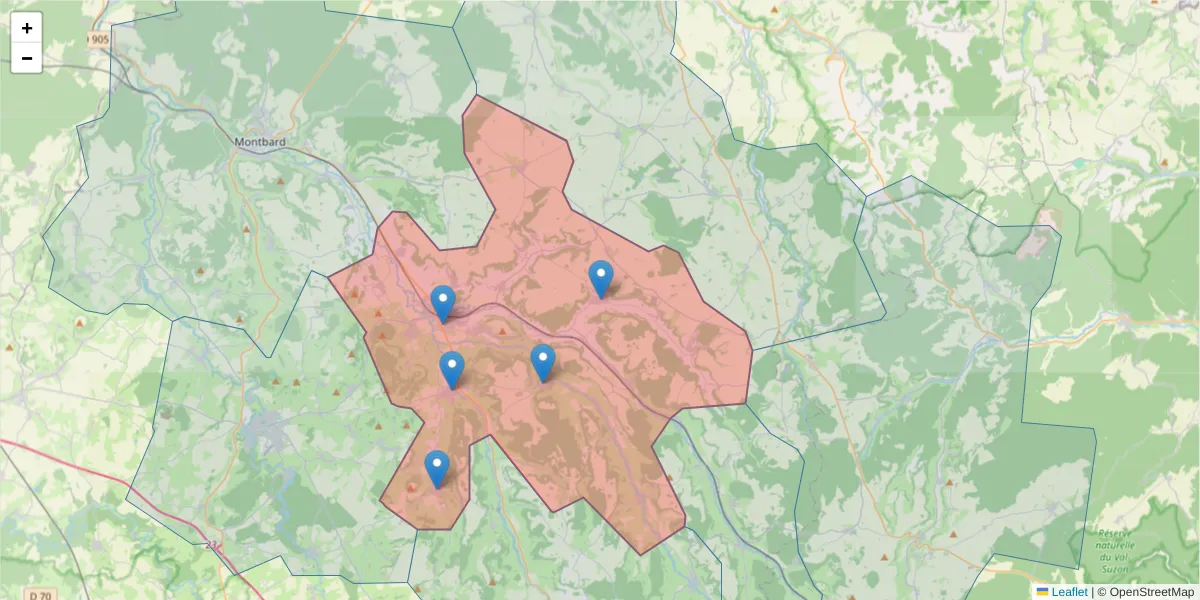 Carte de la zone du code postal  et des codes postaux voisins en France
