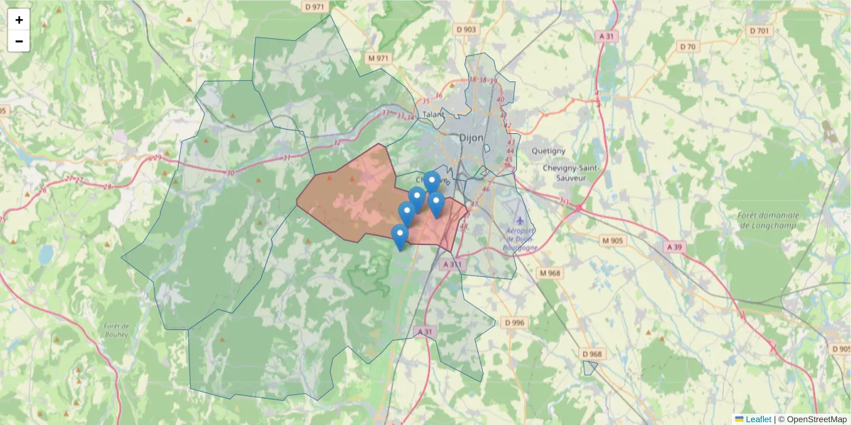 Carte de la zone du code postal  et des codes postaux voisins en France