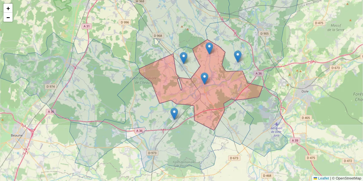 Carte de la zone du code postal  et des codes postaux voisins en France