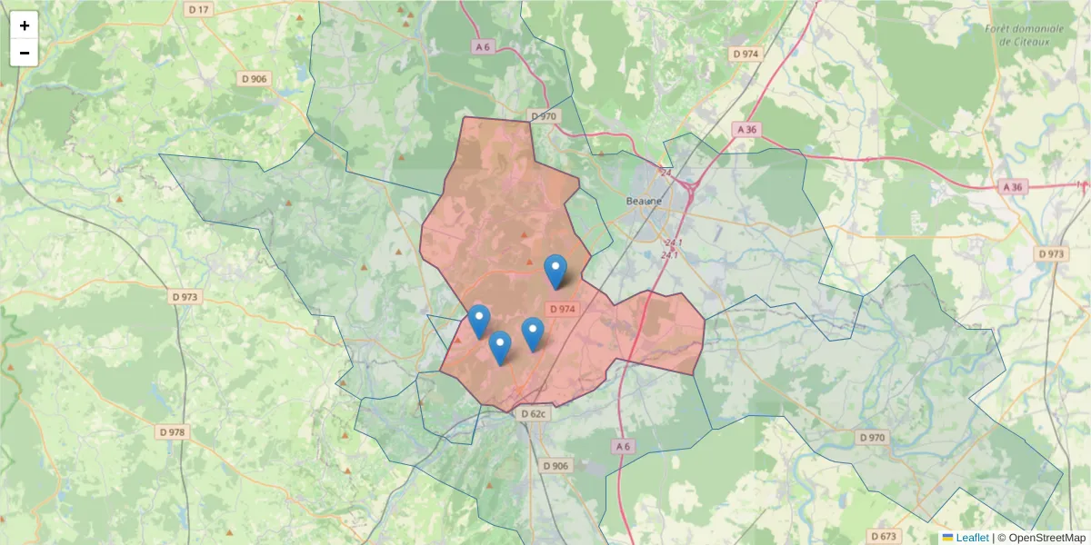Carte de la zone du code postal  et des codes postaux voisins en France