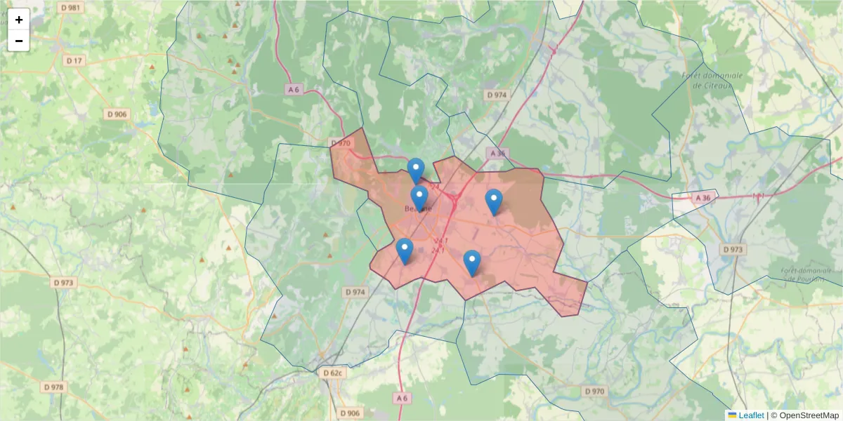 Carte de la zone du code postal  et des codes postaux voisins en France