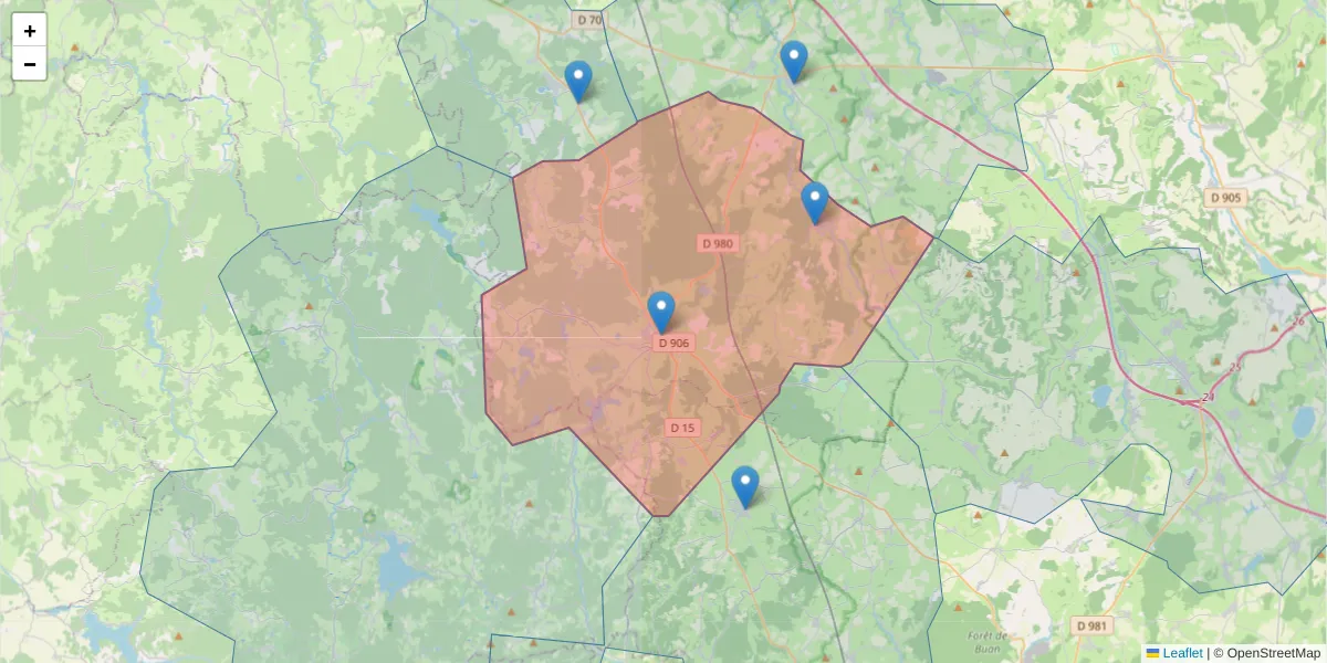 Carte de la zone du code postal  et des codes postaux voisins en France