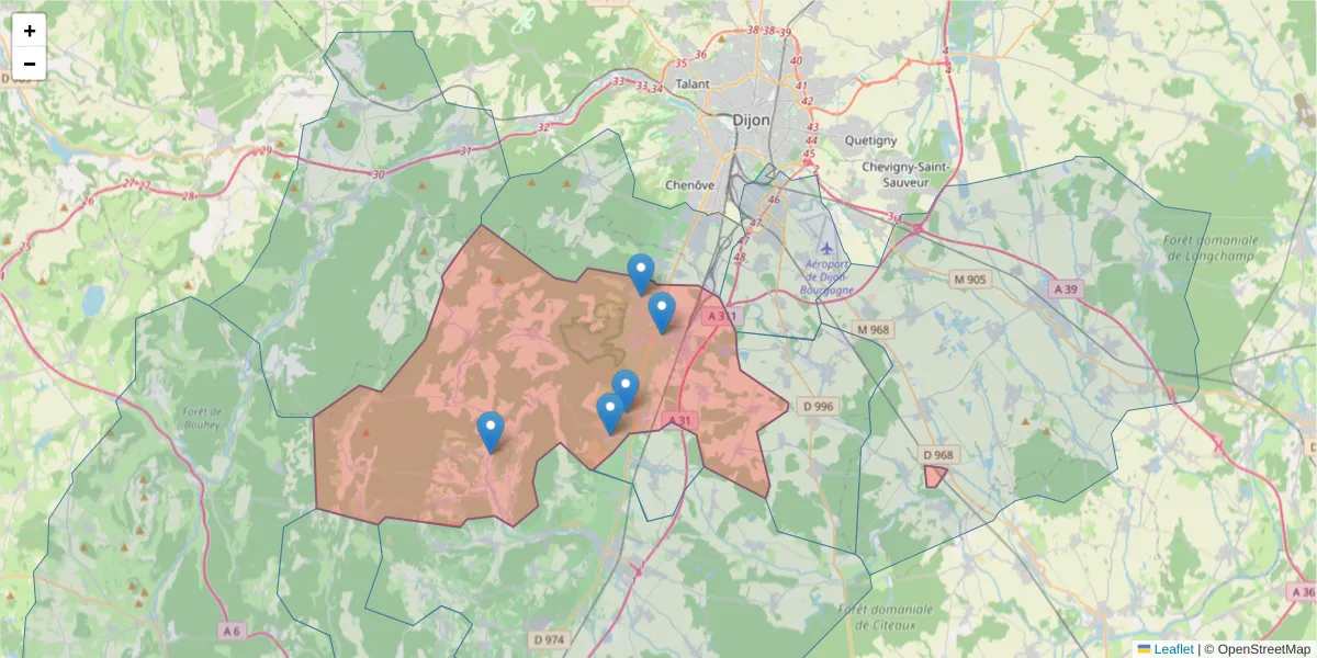 Carte de la zone du code postal  et des codes postaux voisins en France