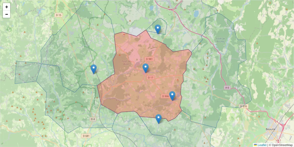 Carte de la zone du code postal  et des codes postaux voisins en France