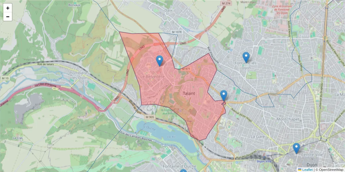 Carte de la zone du code postal  et des codes postaux voisins en France