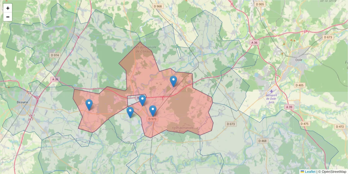 Carte de la zone du code postal  et des codes postaux voisins en France