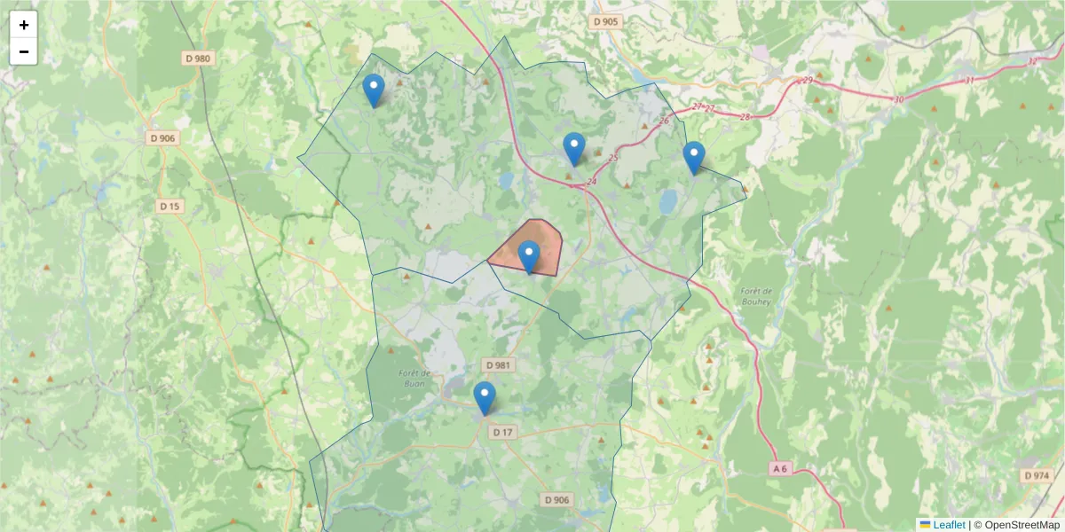 Carte de la zone du code postal  et des codes postaux voisins en France