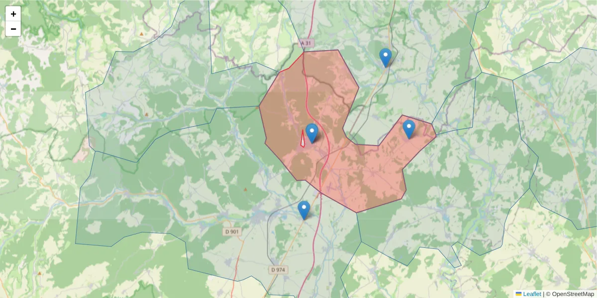 Carte de la zone du code postal  et des codes postaux voisins en France