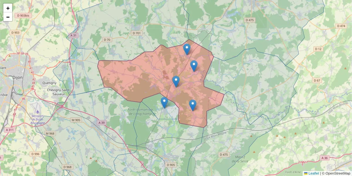 Carte de la zone du code postal  et des codes postaux voisins en France