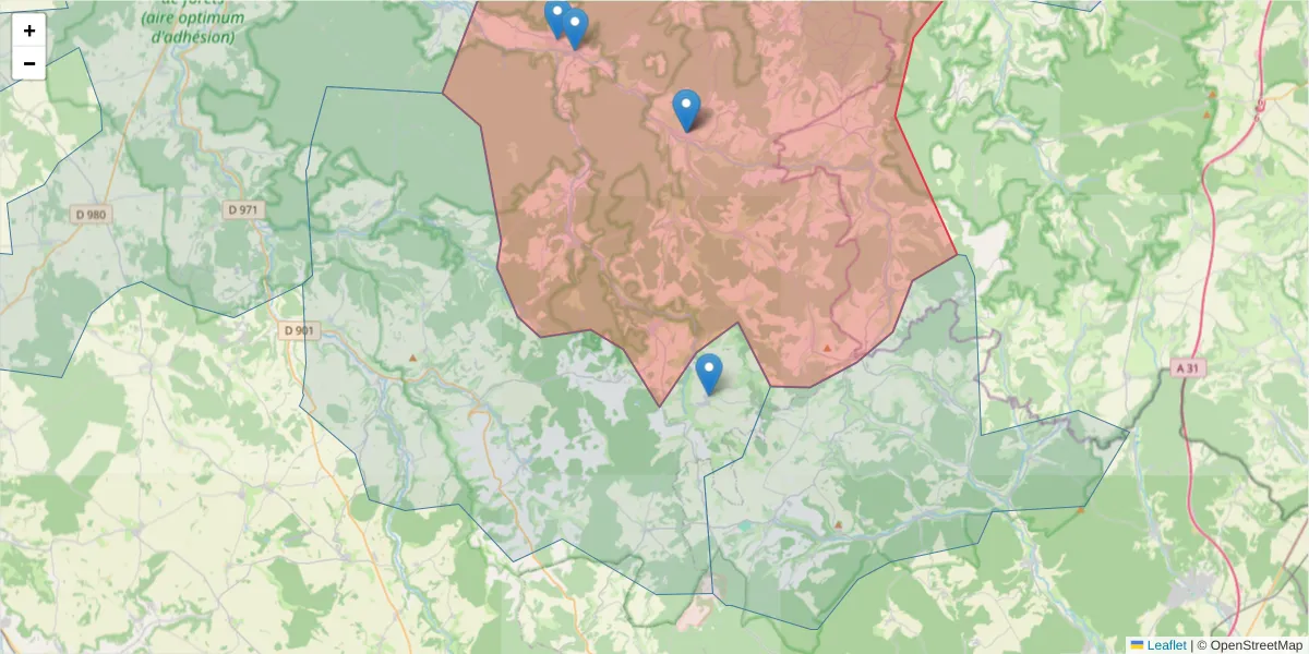 Carte de la zone du code postal  et des codes postaux voisins en France