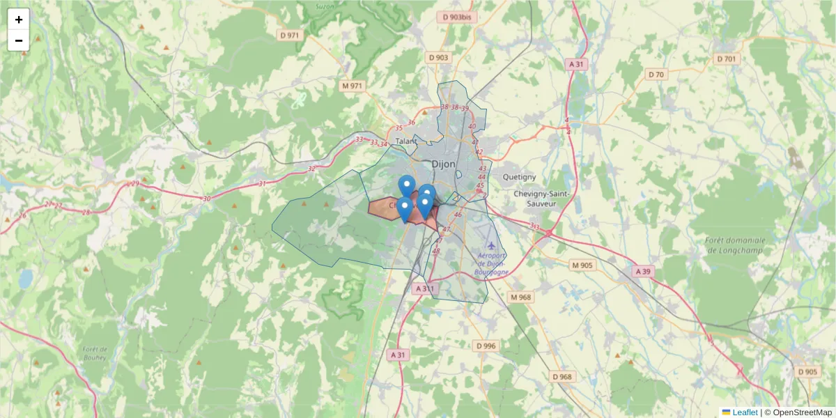 Carte de la zone du code postal  et des codes postaux voisins en France