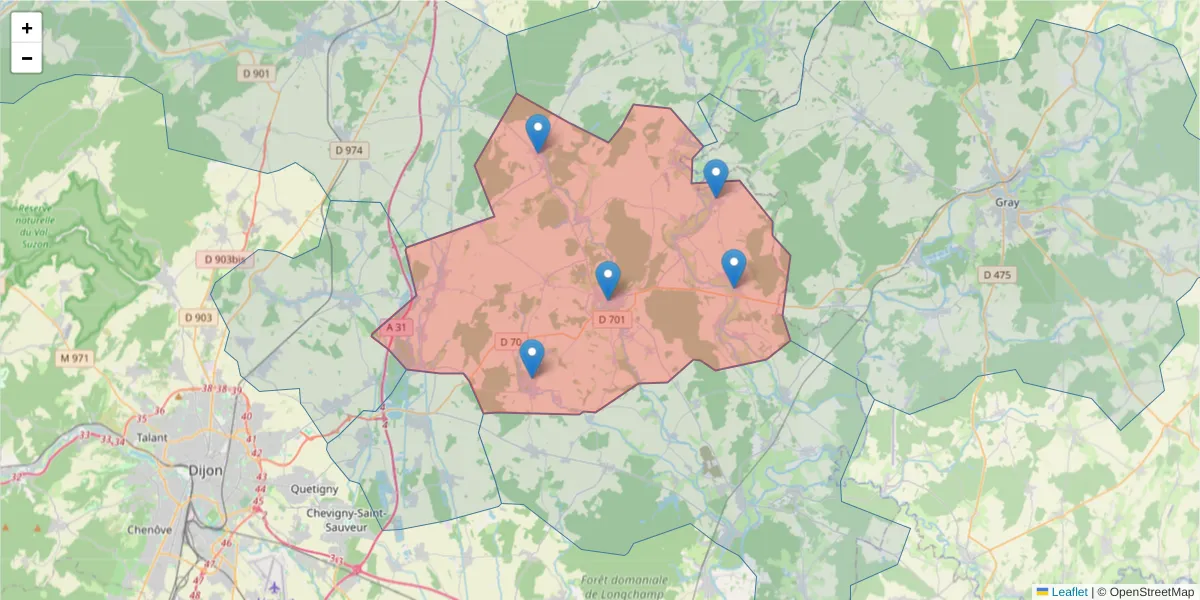 Carte de la zone du code postal  et des codes postaux voisins en France