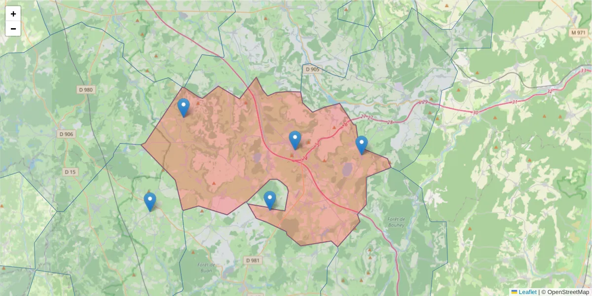 Carte de la zone du code postal  et des codes postaux voisins en France