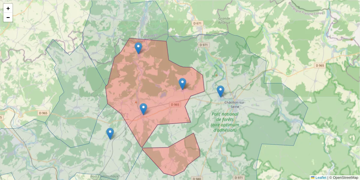Carte de la zone du code postal  et des codes postaux voisins en France