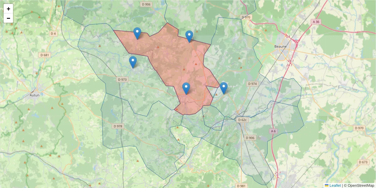 Carte de la zone du code postal  et des codes postaux voisins en France