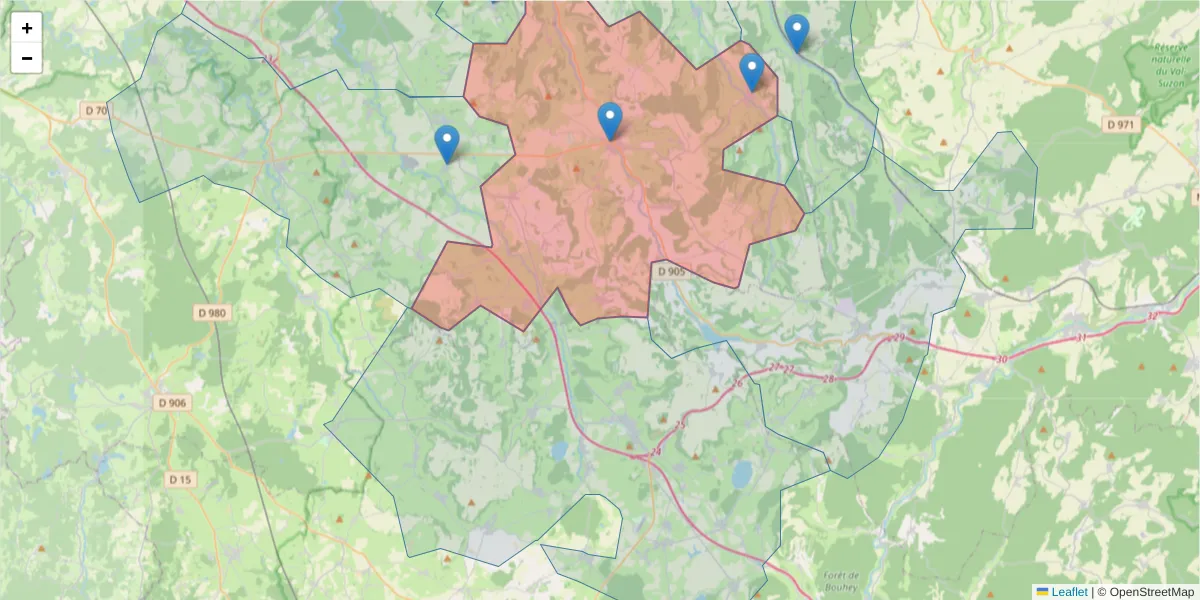 Carte de la zone du code postal  et des codes postaux voisins en France