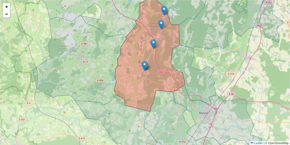 Carte de la zone du code postal  et des codes postaux voisins en France