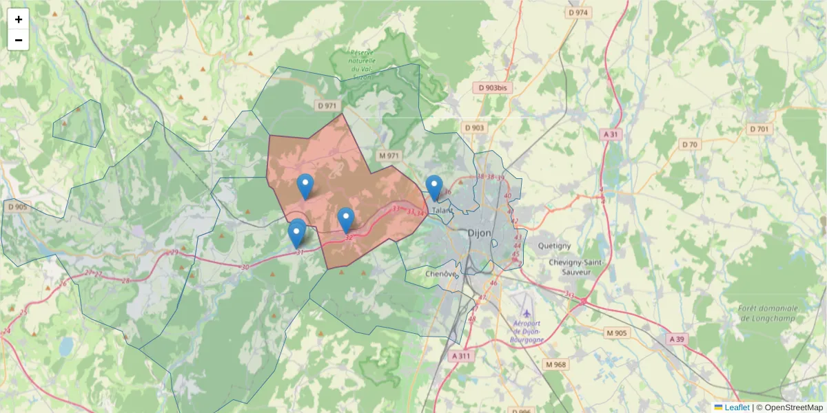 Carte de la zone du code postal  et des codes postaux voisins en France