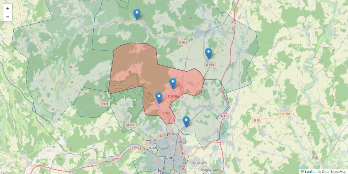 Carte de la zone du code postal  et des codes postaux voisins en France