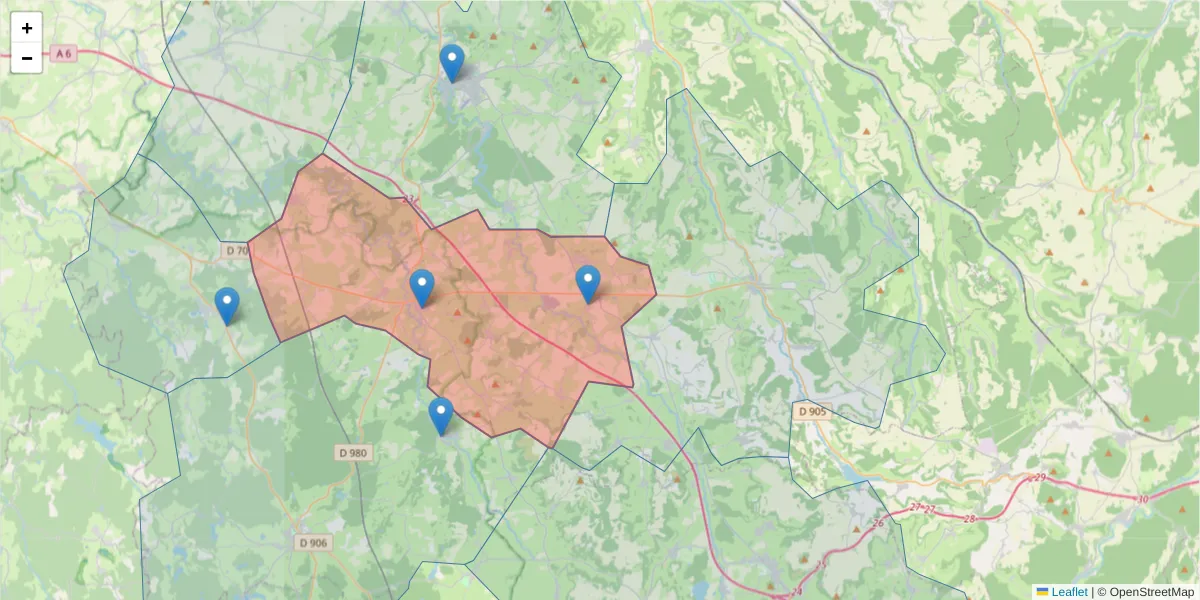 Carte de la zone du code postal  et des codes postaux voisins en France