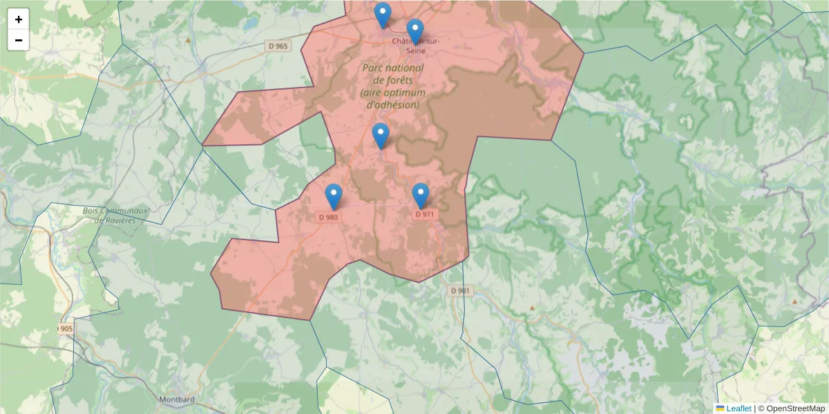Carte de la zone du code postal  et des codes postaux voisins en France