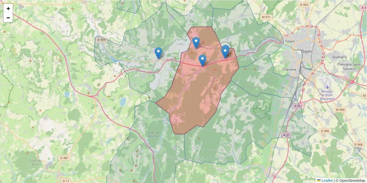 Carte de la zone du code postal  et des codes postaux voisins en France