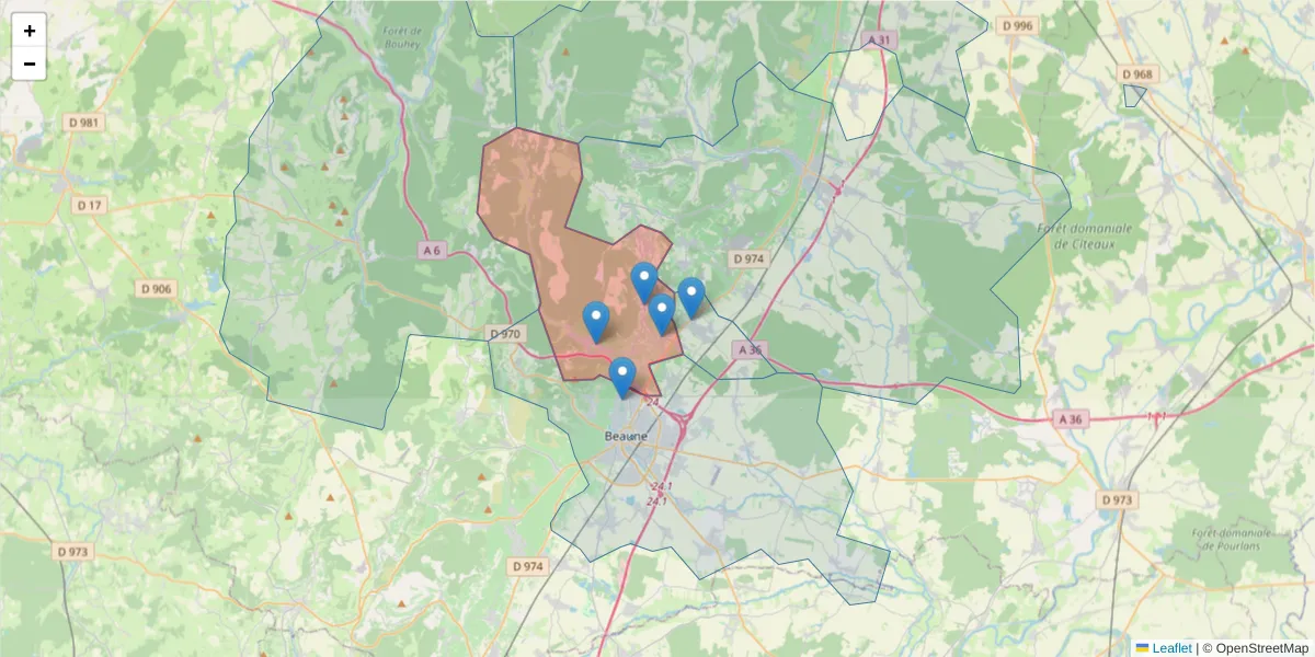 Carte de la zone du code postal  et des codes postaux voisins en France