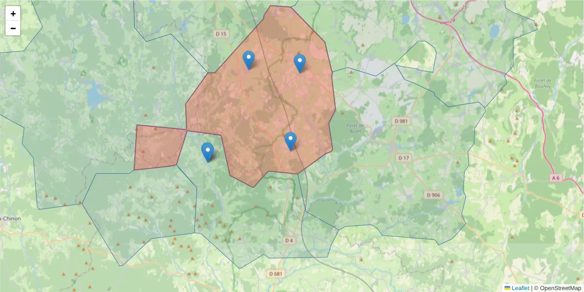 Carte de la zone du code postal  et des codes postaux voisins en France
