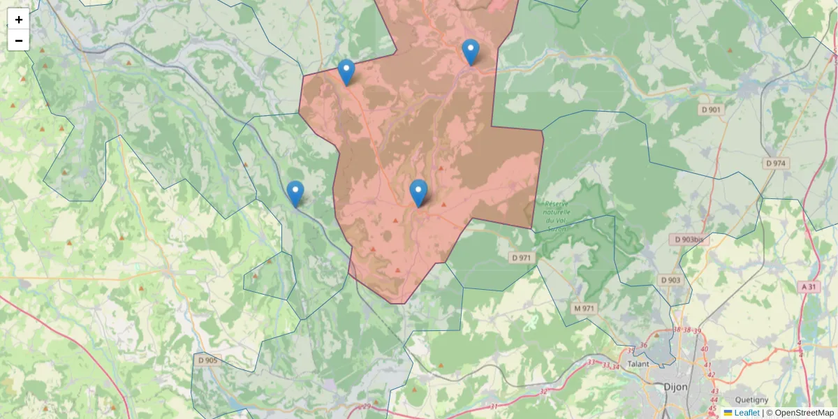 Carte de la zone du code postal  et des codes postaux voisins en France