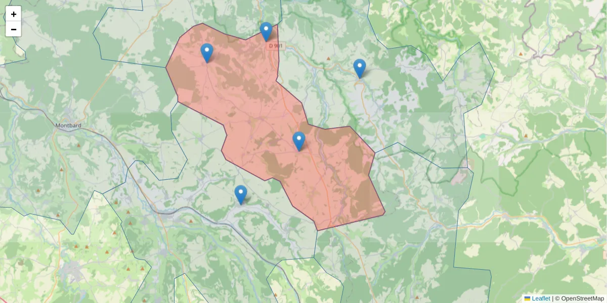 Carte de la zone du code postal  et des codes postaux voisins en France