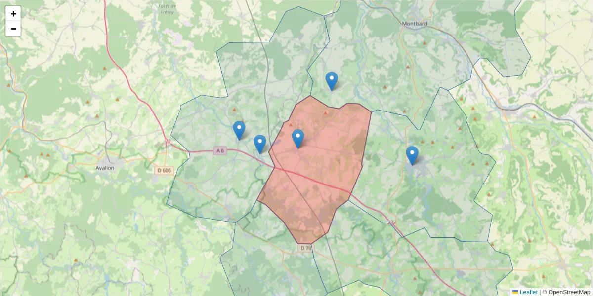 Carte de la zone du code postal  et des codes postaux voisins en France