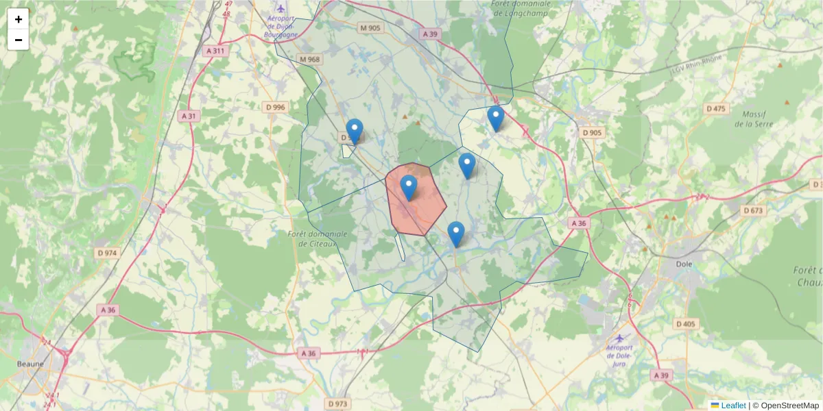 Carte de la zone du code postal  et des codes postaux voisins en France