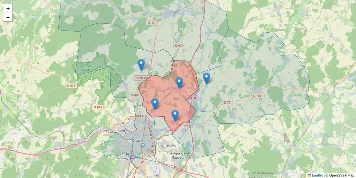 Carte de la zone du code postal  et des codes postaux voisins en France