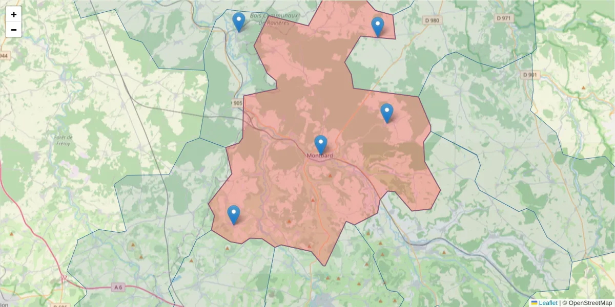 Carte de la zone du code postal  et des codes postaux voisins en France
