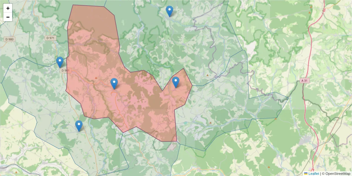 Carte de la zone du code postal  et des codes postaux voisins en France